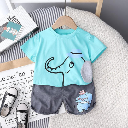Round Neck Elephant Short Sleeve Suit Boys' Loose Shorts Two Piece Set